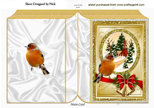 Lovely Snow Scene with church gold glitter & border bow with robin folded book