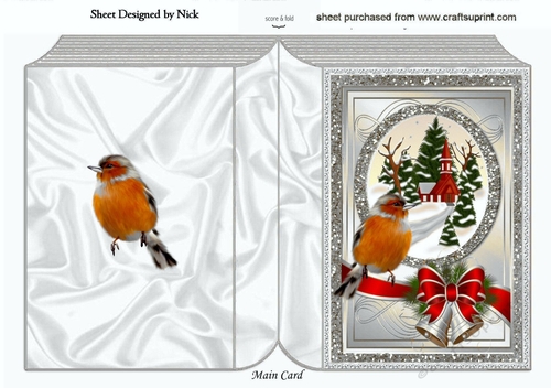 Lovely Snow Scene with church silver glitter & border bow with robin folded book