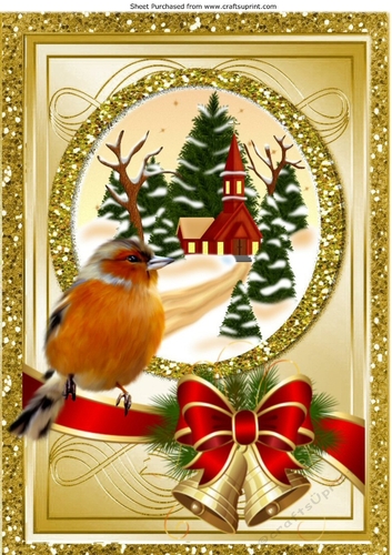 Lovely Snow Scene with church gold glitter & border bow with robin A4