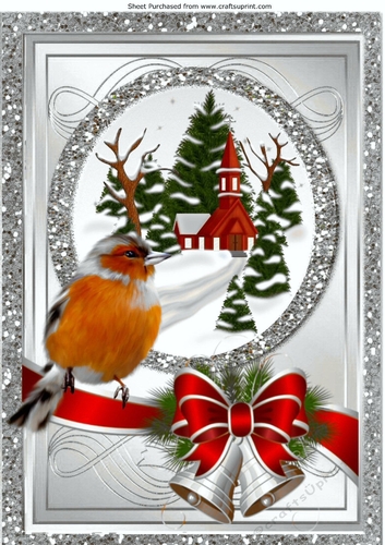 Lovely Snow Scene with church silver glitter & border bow with robin A4