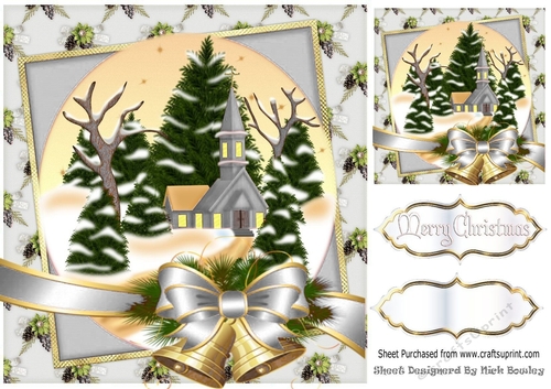 Lovely christmas snow scene with church stacked (silver) 8x8