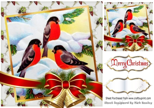lovely robins enjoying the snow with bell ribbon 8x8