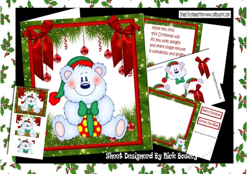 Cute teddy in santa hat sitting down in festive frame with bows 8x8 mini kit