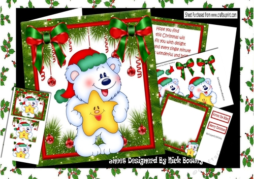 Cute teddy in santa hat holding a star in  festive frame with bows 8x8 mini kit