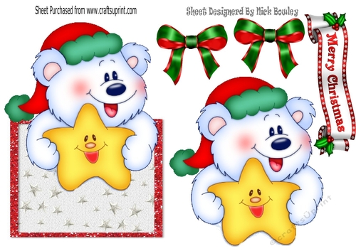 Cute teddy in santa hat holding star over the edge