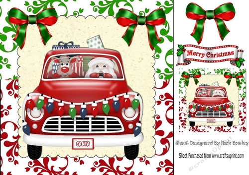Christmas santa in a car with rudolph and presents (red) 8x8