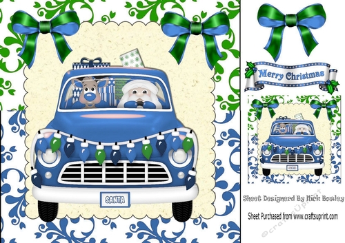 Christmas santa in a car with rudolph and presents (blue) 8x8