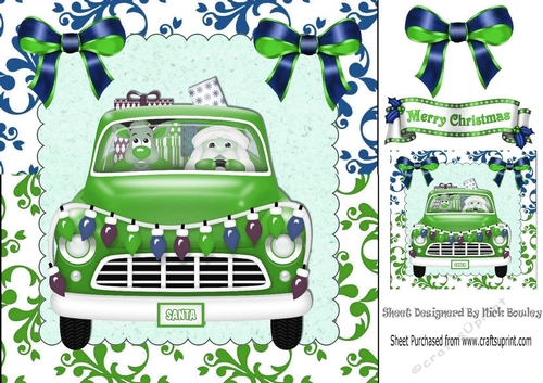 Christmas santa in a car with rudolph and presents (green) 8x8
