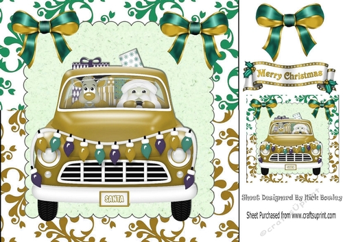 Christmas santa in a car with rudolph and presents (gold) 8x8