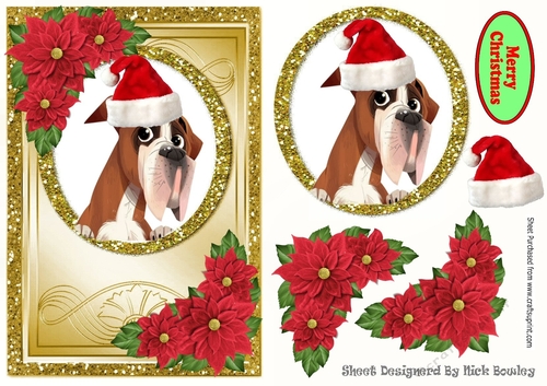 Cute Dog in a santa hat with red poinsettias in gold frame A5