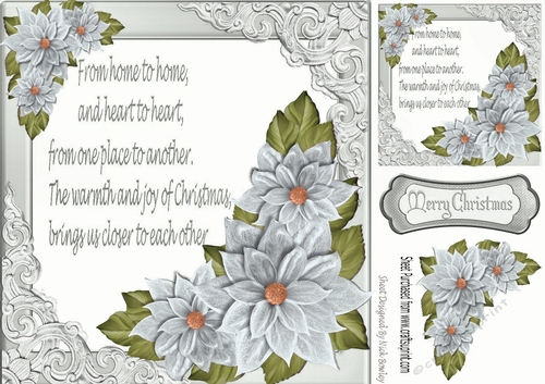 pretty silver corner poinsettias and ornate frame card front with verse 8x8