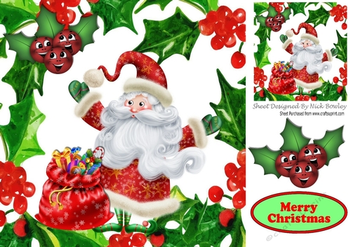 Lovely Jolly Santa with toonie holly & berries 8x8