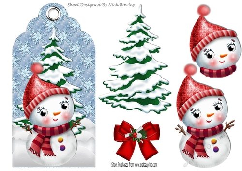 Lovely christmas tag with snowman and tree with snow