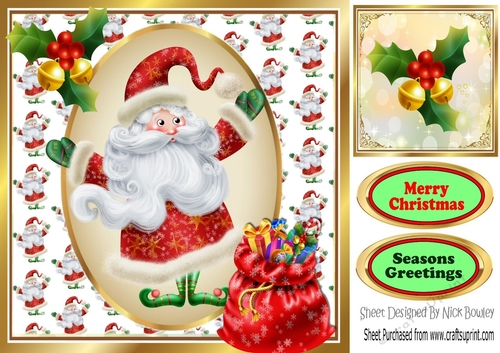 santa with sack of  presents with holly 8x8
