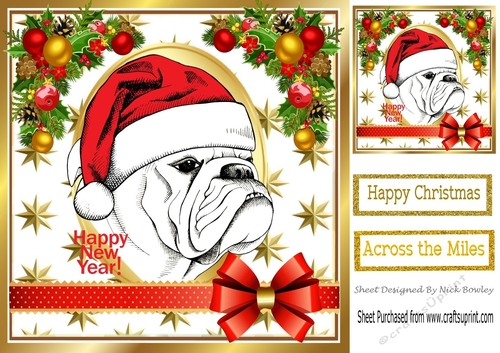 Bulldog in a santa hat with bow and festive corners 8x8