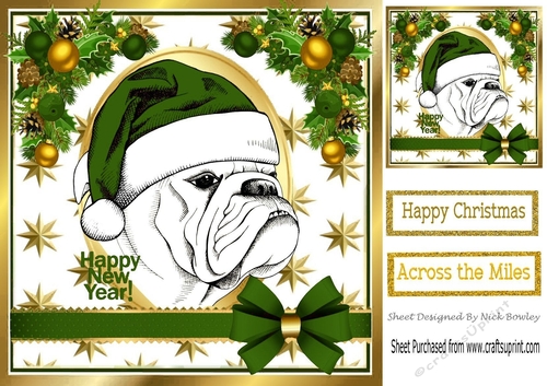 Bulldog in a santa hat with green bow and festive corners 8x8