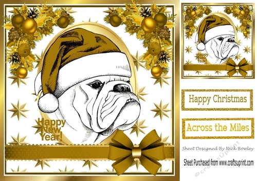 Bulldog in a santa hat with gold bow and festive corners 8x8