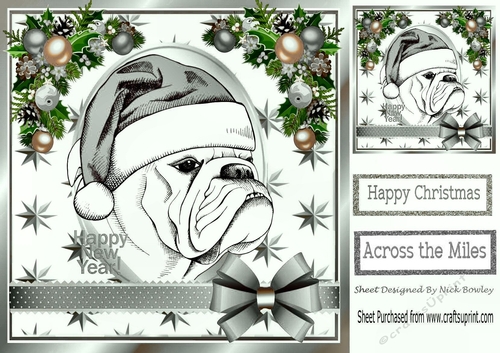 Bulldog in a santa hat with silver bow and festive corners 8x8