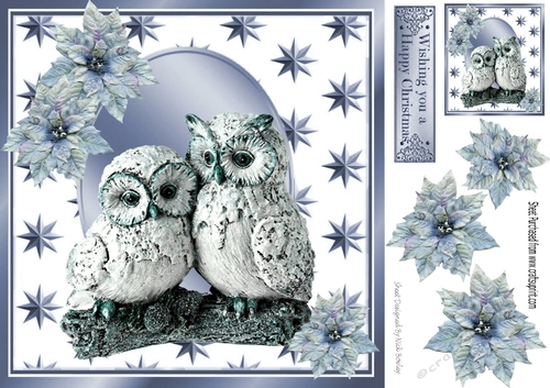 Sweet pair of snow owls on a branch 8x8