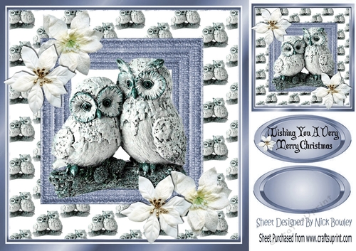 Lovely snow owls on a branch with white flowers 8x8