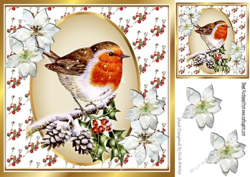 Lovely Robin on a branch of holly with snow 8x8