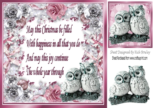 Pretty frame of festive pink roses with owls 8x8