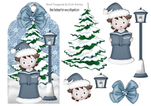 Lovely Carol singer with  christmas tree on a tag