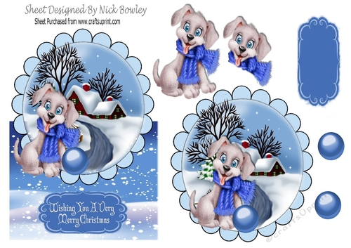 Cute little puppy in scarf in  snow scene over the edge topper