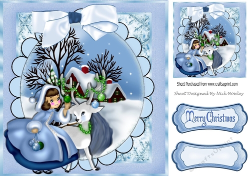 Little girl in snow scene with deer 8x8