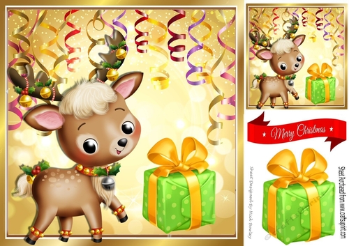 Cute Reindeer with present and streamers 8x8