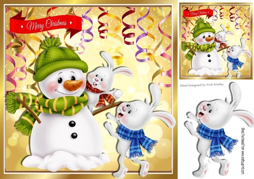 Lovely snowman with bunnies wrapped in warm scarves 8x8