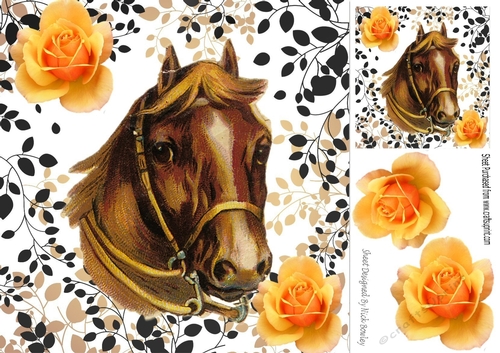 Lovely Brown shire horse with yellow roses 8x8