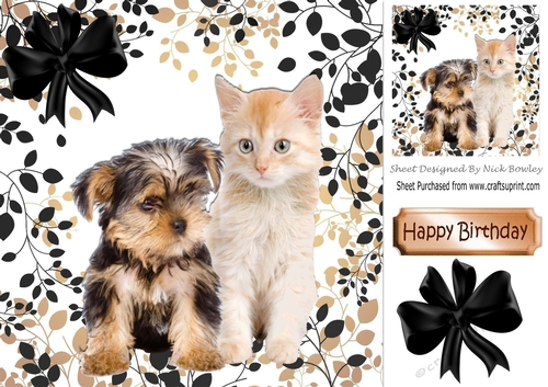 Cute kitten and puppy with bow in leaf frame 8x8