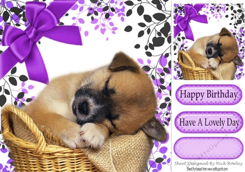 Adorable little puppy sleeping  in leaf frame with purple bow 8x8
