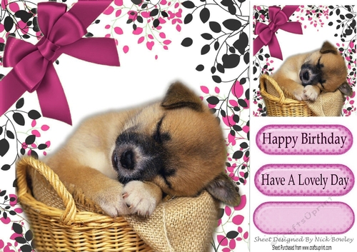 Adorable little puppy sleeping  in leaf frame with pink bow 8x8