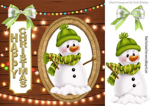 Lovely snowman with green bow and fairy lights 8x8