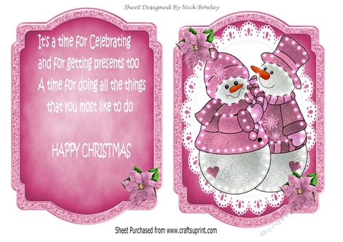 Lovely Illuminated snowmen on lace with poisettias card front/insert