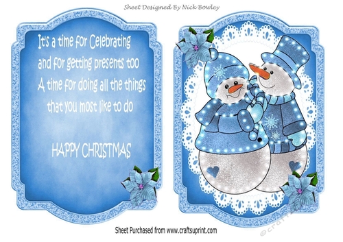 Lovely Illuminated snowmen on lace with poisettias card front/insert (blue)