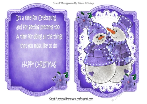 Lovely Illuminated snowmen on lace with poisettias card front/insert (purple)