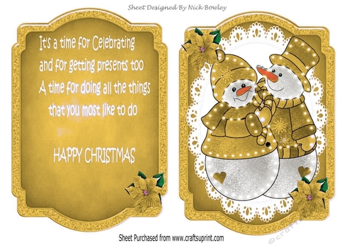 Lovely Illuminated snowmen on lace with poisettias card front/insert (gold)