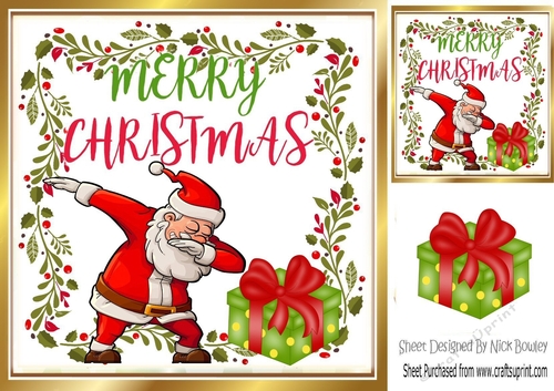 Santa doing a dab dance doing the trendy dance  with gift 8x8