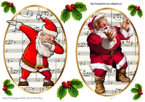 Two lovely Toppers/card fronts with dancing santas with holly