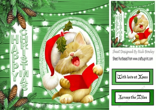 Christmas kitty singing carols in red santa hat 8x8
