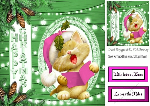 Christmas kitty singing carols in pink santa hat 8x8