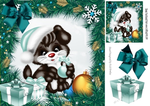 Cute puppy with presents and turq  bow 8x8