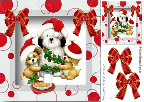 Cute trio of puppies in santa hats with bows in picture frame (Red) 8x8