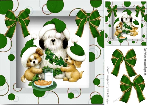 Cute trio of puppies in santa hats with bows in picture frame ( forest green) 8x8
