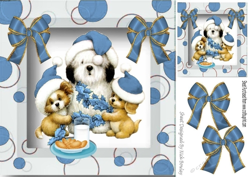 Cute trio of puppies in santa hats with bows in picture frame (blue) 8x8
