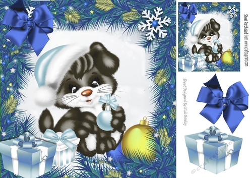 Cute puppy with presents and blue  bow 8x8