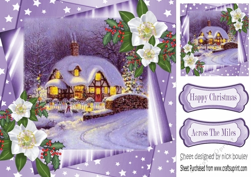 Pretty cottage in the snow with light and white flowers 8x8